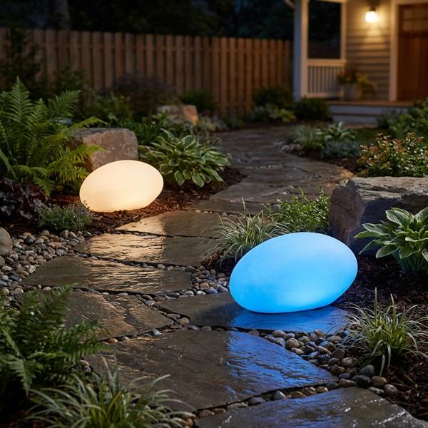 2 lampes de jardin solaires élégantes IP44 – pierres décoratives avec piquet, lumière blanc chaud et colorée – résistantes aux intempéries, 22,4 cm