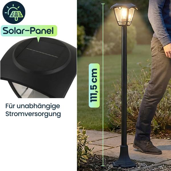 2er-Set Solar-LED-Gartenlaterne mit PIR Bewegungssensor 90° & 6m Reichweite, IP44 Wasserfest, E27 Filament Lampe, 3 Modi, 111,5 cm, Aussenleuchte