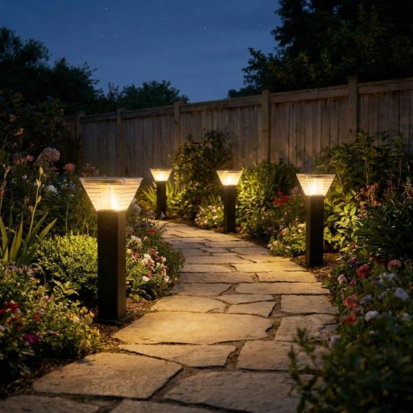Set da 4 lampade solari premium a colonna per vialetti, 60 cm, in alluminio nero, 300 lm, IP65 impermeabile, emissione a 360°, 2 tonalità di luce e modalità di illuminazione, lampada da giardino