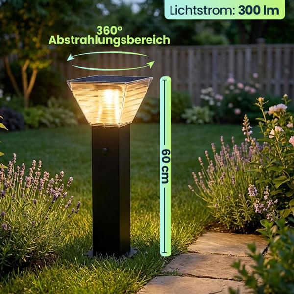 4er-Set Premium Solar Säulen-Wegeleuchte 60cm aus Aluminium in Schwarz, 300lm, IP65 wasserfest, 360° Abstrahlung, 2 Lichtfarben & Leuchtmodi, Gartenlampe