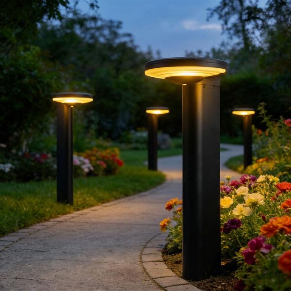 Set di 4 lampade segnapasso solari Premium a colonna in alluminio nero, LED SMD luminosi da 300 lm, sensore crepuscolare & 2 modalità di luce, moderna lampada da giardino resistente alle intemperie