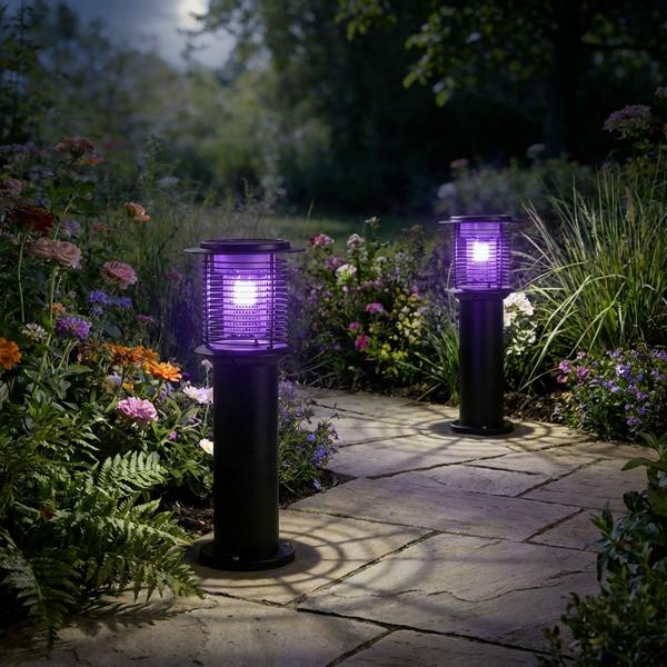 2 lampes de jardin solaires en acier inoxydable avec destructeur de moustiques, balises LED 2 en 1, lumière blanc chaud 300 lm, UV de 15 lm contre les insectes, IP44, 25 x 60 cm