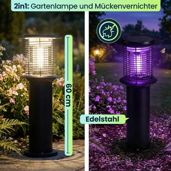 2er-Set Solar Gartenlampe mit Mückenvernichter aus Edelstahl, 2in1 LED Wegeleuchte Schwarz, Warmweiss 300lm & UV Insektenschutz 15lm, IP44, 25 x 60 cm