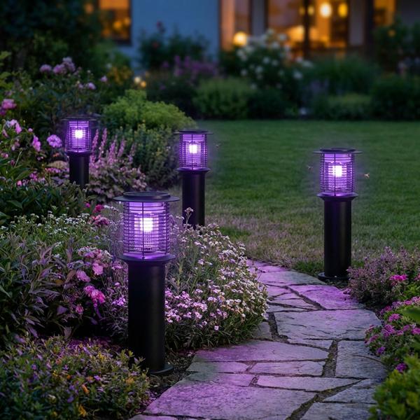 4er-Set Solar Gartenlampe mit Mückenvernichter aus Edelstahl, 2in1 LED Wegeleuchte Schwarz, Warmweiss 300lm & UV Insektenschutz 15lm, IP44, 25 x 60 cm