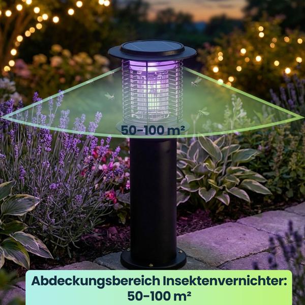4er-Set Solar Gartenlampe mit Mückenvernichter aus Edelstahl, 2in1 LED Wegeleuchte Schwarz, Warmweiss 300lm & UV Insektenschutz 15lm, IP44, 25 x 60 cm