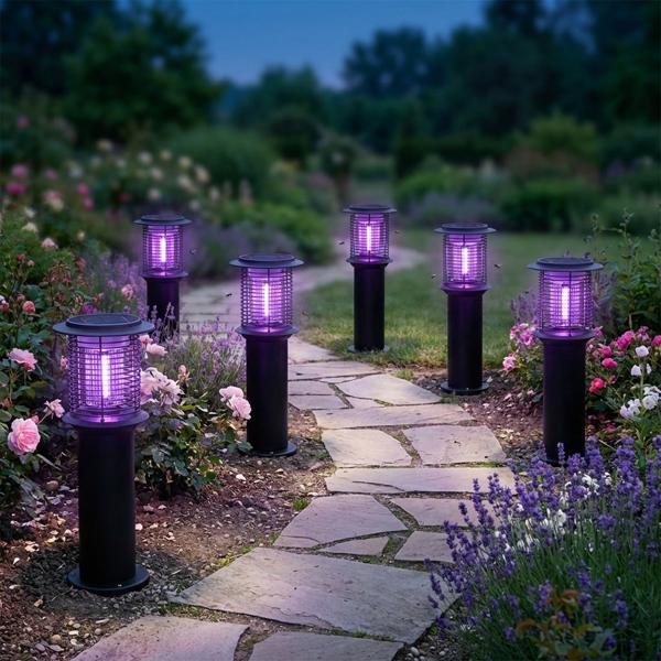 6 lampes de jardin solaires en acier inoxydable avec destructeur de moustiques, balises LED 2 en 1, lumière blanc chaud 300 lm, UV de 15 lm contre les insectes, IP44, 25 x 60 cm