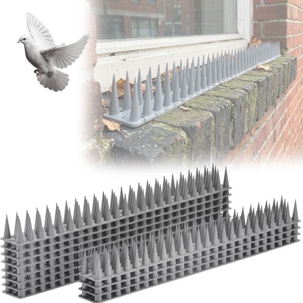 Lot de 12 pics anti-pigeons, gris, 5,4 m – répulsifs efficaces en polycarbonate – 3 rangées de pointes contre pigeons, mouettes, martres, chats et écureuils