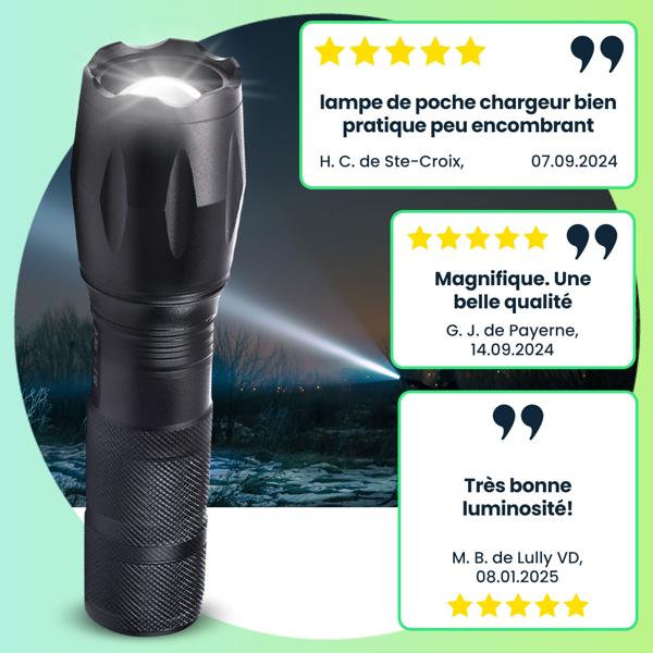 Lampe torche LED Cree 260 lm - Lampe de poche USB rechargeable avec batterie de secours - IP44, zoom, portée 200m - Fonction SOS, 1200 mAh, 10W