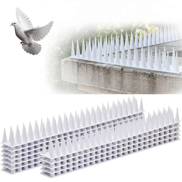 Lot de 12 pics anti-pigeons, blancs, 5,4 m – répulsifs efficaces en polycarbonate – 3 rangées de pointes contre pigeons, mouettes, martres, chats et écureuils