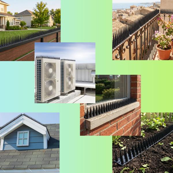 Lot de 12 pics anti-pigeons, noirs, 5,4 m – répulsifs efficaces en polycarbonate – 3 rangées de pointes contre pigeons, mouettes, martres, chats et écureuils