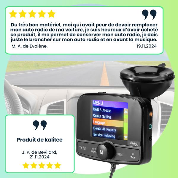 Récepteur DAB+ 4 en 1 pour voiture – Bluetooth 5.0, fonction mains libres, transmetteur FM – son de qualité
