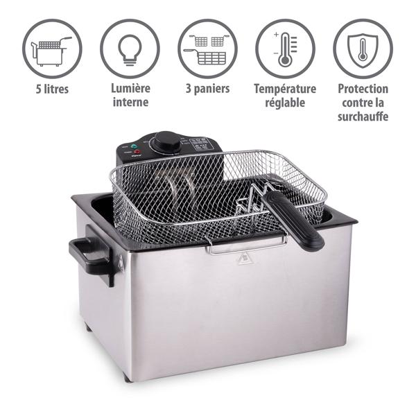 Friteuse professionnelle double - 5 L acier inoxydable - 2000 W - Zone froide - 3 paniers - Température réglable 190 °C - Nettoyage facile