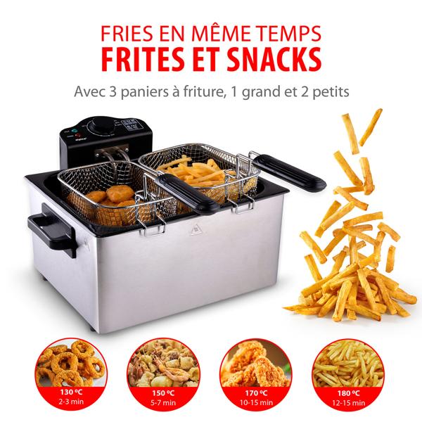 Friteuse professionnelle double - 5 L acier inoxydable - 2000 W - Zone froide - 3 paniers - Température réglable 190 °C - Nettoyage facile