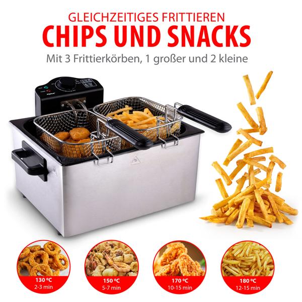 Premium Doppelkorb Fritteuse 5L Edelstahl – 2000W für schnelle, knusprige Ergebnisse - Profi Kaltzonen Fritteuse mit 3 Körben