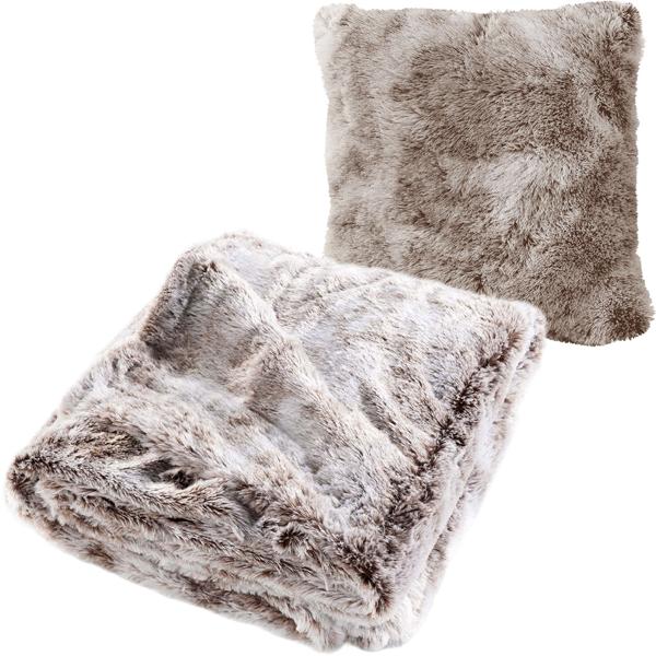 2er-Set Superweiche Kuscheldecke 180 x 220 cm & Flauschiges Dekokissen 45 x 45 cm in Felloptik, Schokobraun - Für gemütliche Stunden auf dem Sofa