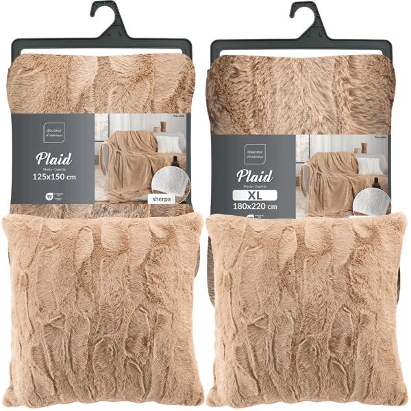 4er-Set Kuschelige Sofadecken 180 x 220 cm & 125 x 150 cm und 2 Flauschige Kuschelkissen 45 x 45 cm in Felloptik, Sandfarbe - Für Wohlfühl-Momente