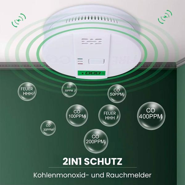 Sicherer CO & Rauchmelder Kombigerät Air-Guard Duo, 85dB. Zuverlässiger Brand- & Kohlenmonoxidalarm mit digitalem LCD, Test- & Stummschaltfunktion