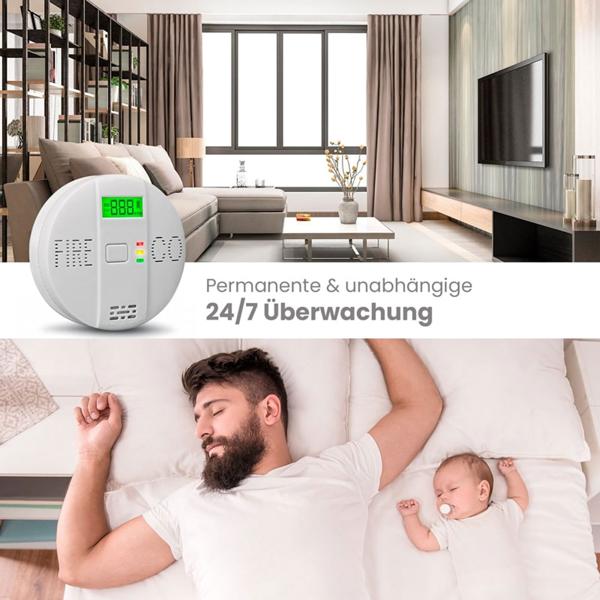 Sicherer CO & Rauchmelder Kombigerät Air-Guard Duo, 85dB. Zuverlässiger Brand- & Kohlenmonoxidalarm mit digitalem LCD, Test- & Stummschaltfunktion