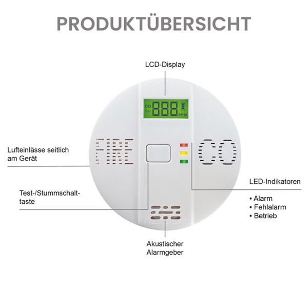 Sicherer CO & Rauchmelder Kombigerät Air-Guard Duo, 85dB. Zuverlässiger Brand- & Kohlenmonoxidalarm mit digitalem LCD, Test- & Stummschaltfunktion