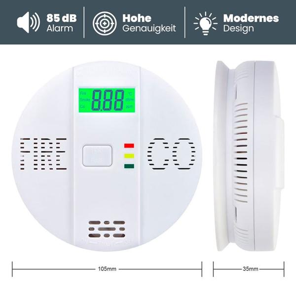 Sicherer CO & Rauchmelder Kombigerät Air-Guard Duo, 85dB. Zuverlässiger Brand- & Kohlenmonoxidalarm mit digitalem LCD, Test- & Stummschaltfunktion