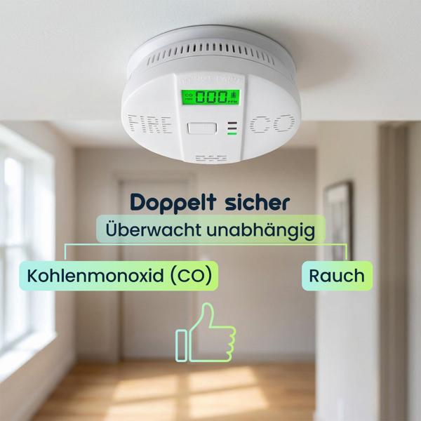 2er-Set Sicherer CO & Rauchmelder Kombigerät Air-Guard Duo, 85dB. Zuverlässiger Brand- & Kohlenmonoxidalarm mit digitalem LCD, Test- & Stummschaltfunktion