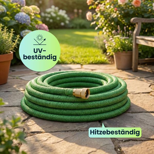 Dehnbarer Gartenschlauch 10 bis 30m mit Alu-Anschlüssen, Flexibler Wasserschlauch UV-beständig, 3-fache Ausdehnung, 3/4 Zoll Gold-Aluminium Gewinde