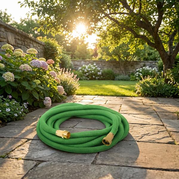 Dehnbarer Gartenschlauch 5 bis 15m mit Alu-Anschlüssen, Flexibler Wasserschlauch UV-beständig, 3-fache Ausdehnung, 3/4 Zoll Gold-Aluminium Gewinde