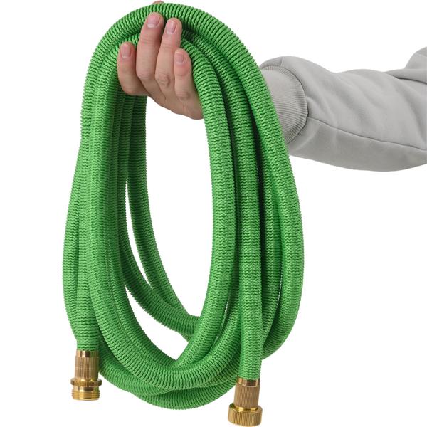 Dehnbarer Gartenschlauch 5 bis 15m mit Alu-Anschlüssen, Flexibler Wasserschlauch UV-beständig, 3-fache Ausdehnung, 3/4 Zoll Gold-Aluminium Gewinde