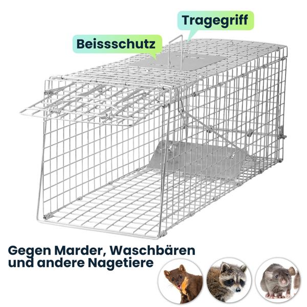 Profi Marder Lebendfalle - Wiederverwendbare Gitterfalle mit Trittplatte, Tragegriff und Beissschutz - für Marder und kleine Nagetiere