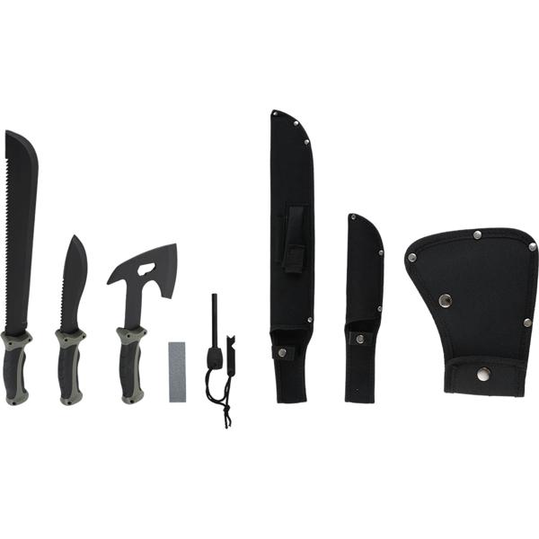 Set survival – accetta, coltello & machete con 3 foderi da cintura, pietra per affilare & firesteel professionale con raschietto – per outdoor, campeggio e avventura