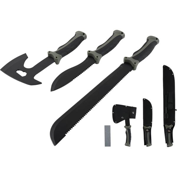 Set survival – accetta, coltello & machete con 3 foderi da cintura, pietra per affilare & firesteel professionale con raschietto – per outdoor, campeggio e avventura