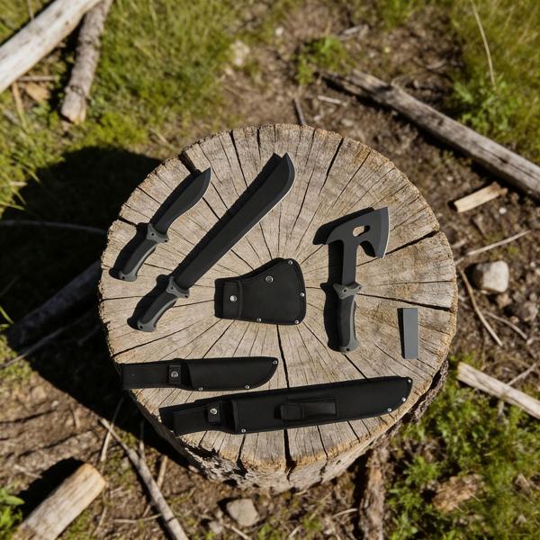 Set survival – accetta, coltello & machete con 3 foderi da cintura, pietra per affilare & firesteel professionale con raschietto – per outdoor, campeggio e avventura