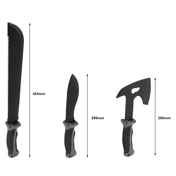 Set survival – accetta, coltello & machete con 3 foderi da cintura, pietra per affilare & firesteel professionale con raschietto – per outdoor, campeggio e avventura