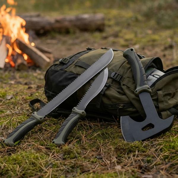 Set survival – accetta, coltello & machete con 3 foderi da cintura, pietra per affilare & firesteel professionale con raschietto – per outdoor, campeggio e avventura