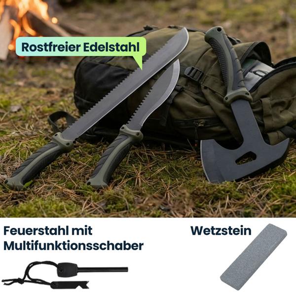 Survival Set - Beil, Messer & Machete mit 3 Gürtelscheiden, Wetzstein & Profi-Feuerstahl  mit Schaber - für Outdoor, Camping und Abenteuer