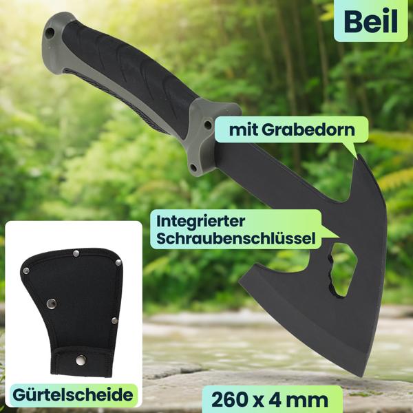 Survival Set - Beil, Messer & Machete mit 3 Gürtelscheiden, Wetzstein & Profi-Feuerstahl  mit Schaber - für Outdoor, Camping und Abenteuer