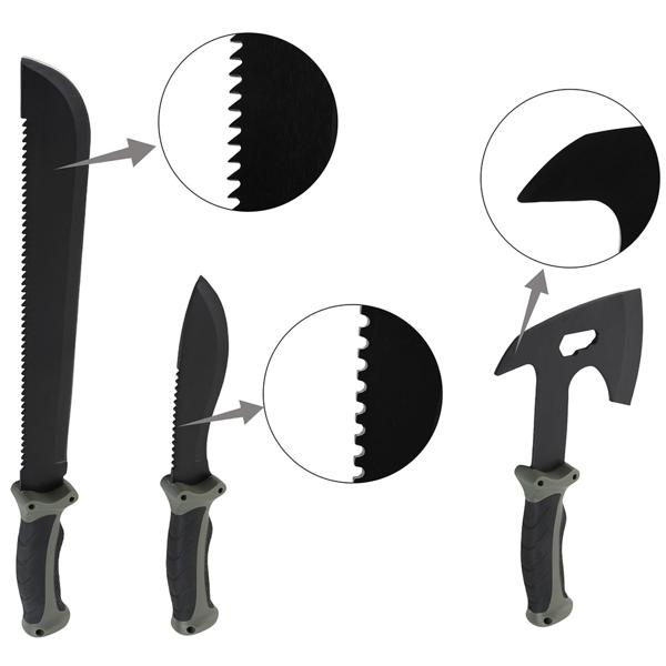 Set survival – accetta, coltello & machete con 3 foderi da cintura, pietra per affilare & firesteel professionale con raschietto – per outdoor, campeggio e avventura