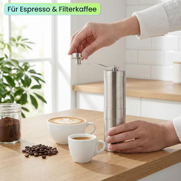 Robuste Handkaffeemühle Edelstahl mit Keramikmahlwerk, stufenlose Mahlgrad-Einstellung, abnehmbarer Griff, Kaffeemühle manuell für Espresso & Filterkaffee