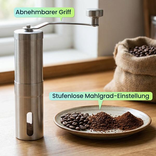 Robuste Handkaffeemühle Edelstahl mit Keramikmahlwerk, stufenlose Mahlgrad-Einstellung, abnehmbarer Griff, Kaffeemühle manuell für Espresso & Filterkaffee