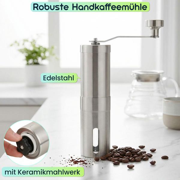 Robuste Handkaffeemühle Edelstahl mit Keramikmahlwerk, stufenlose Mahlgrad-Einstellung, abnehmbarer Griff, Kaffeemühle manuell für Espresso & Filterkaffee