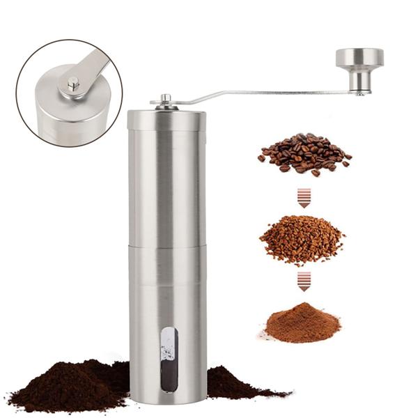 Robusto macinacaffè manuale in acciaio inox con macina in ceramica, regolazione continua del grado di macinatura, manovella rimovibile, macinacaffè manuale per espresso e caffè filtro