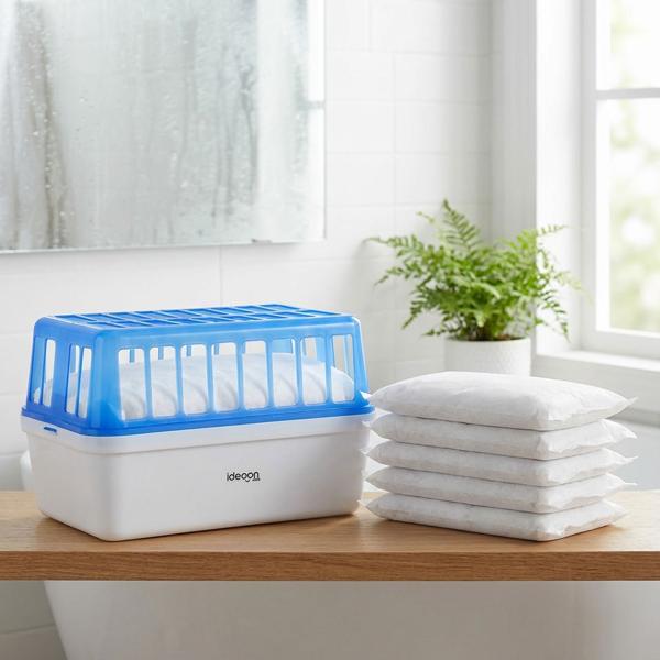 Premium Luftentfeuchter-Set PLUS 5er Granulat-Nachfüllpack - Effektiver Feuchtigkeits-Killer gegen Schimmel & Geruch