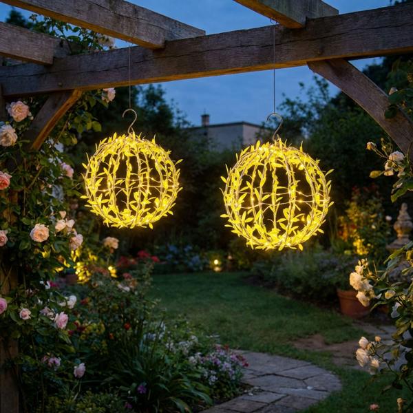 2er-Set Solar Leuchtkugel im Blätterdesign - Ø20cm Gartenkugel mit 72 warmweissen LEDs - IP44 Aussenleuchte inkl. Erdspiess, S-Haken und Solarpanel