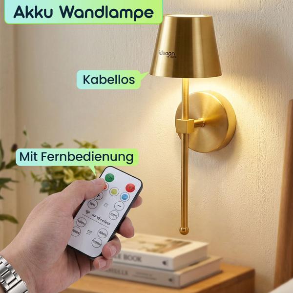 2er-Set Elegante LED Wandleuchte kabellos mit Fernbedienung: Akku Wandlampe dimmbar in Gold, USB aufladbar mit Timer & Touch-Sensor