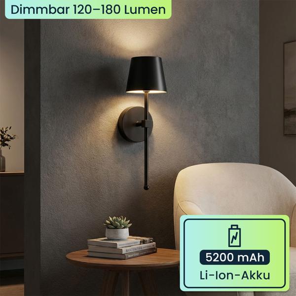 2er-Set Elegante LED Wandleuchte kabellos mit Fernbedienung: Akku Wandlampe dimmbar in Schwarz, USB aufladbar mit Timer & Touch-Sensor