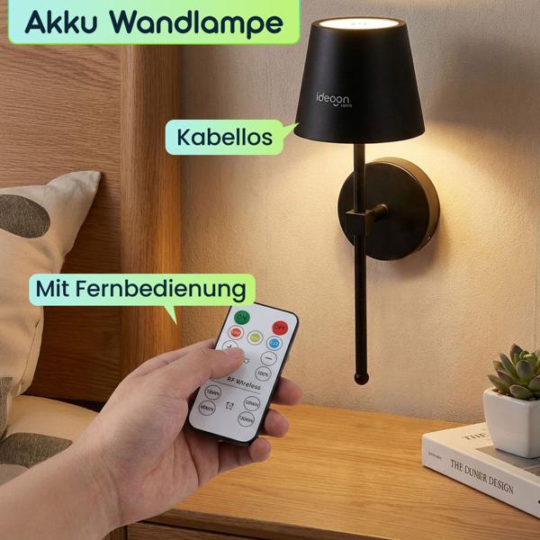 4er-Set Elegante LED Wandleuchte kabellos mit Fernbedienung: Akku Wandlampe dimmbar in Schwarz, USB aufladbar mit Timer & Touch-Sensor