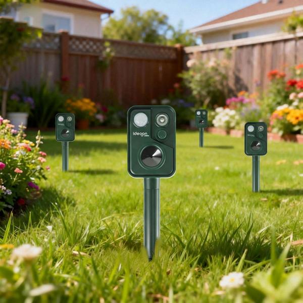 4er-Set Ultraschall Tiervertreiber mit PIR-Sensor & LED Blitzlicht - 13,5-45,5 Hz, Zuverlässiger Solar-Tierschreck gegen Marder, Hunde und Katzen, Vögel