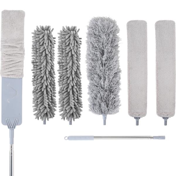 Profi 5in1 Staubwedel Set mit Teleskopstange 210cm ausziehbar, biegsamer Mikrofaser Staubwischer für Deckenventilatoren, Möbel & hohe Ecken