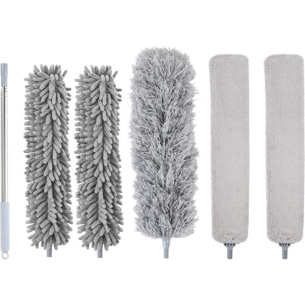 Profi 5in1 Staubwedel Set mit Teleskopstange 210cm ausziehbar, biegsamer Mikrofaser Staubwischer für Deckenventilatoren, Möbel & hohe Ecken