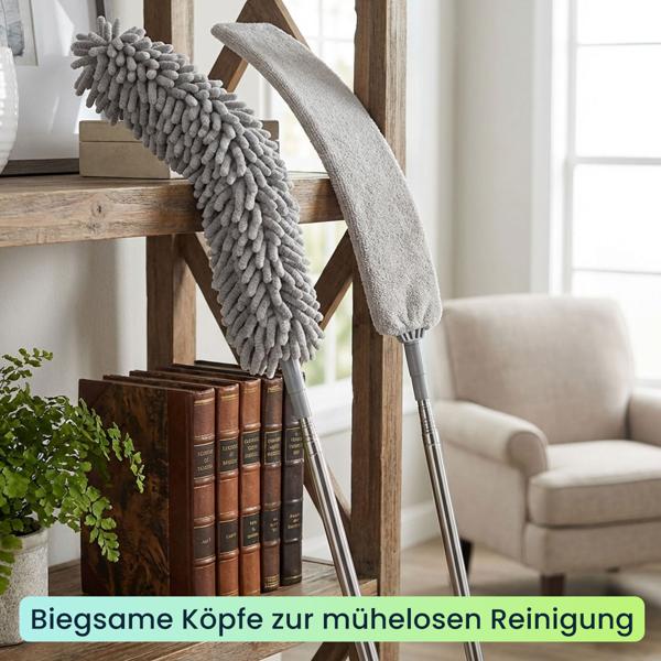 Profi 5in1 Staubwedel Set mit Teleskopstange 210cm ausziehbar, biegsamer Mikrofaser Staubwischer für Deckenventilatoren, Möbel & hohe Ecken